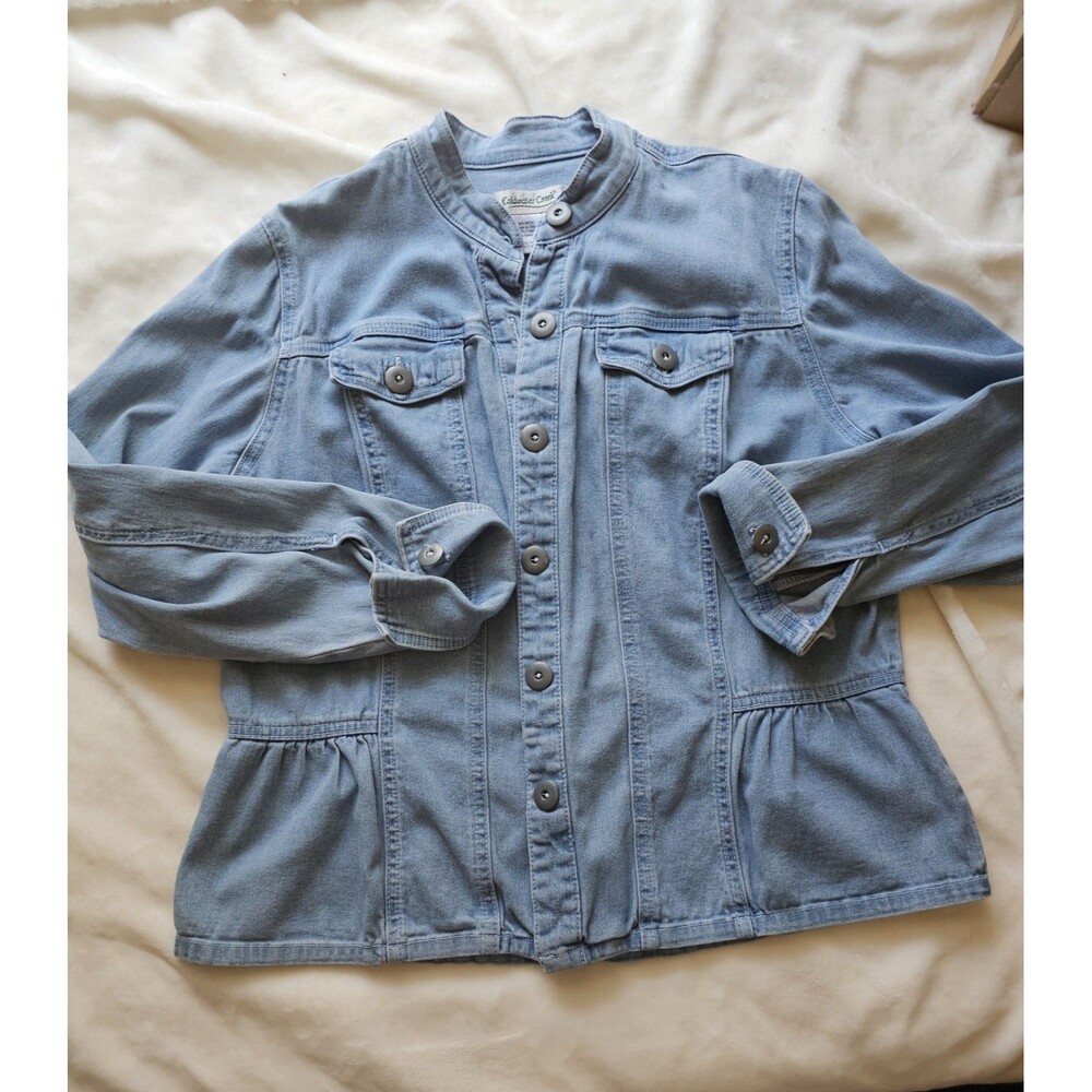 Coldwater Creek Denim Peplum Jacket Light Wash Mandarin Collar Size Med - Picture 1 of 10
